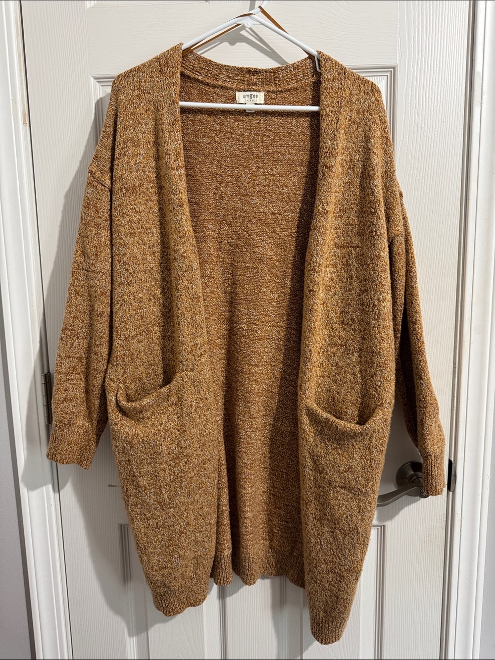 Umgee Open-Front Tan Bouclé Cardigan with Pockets